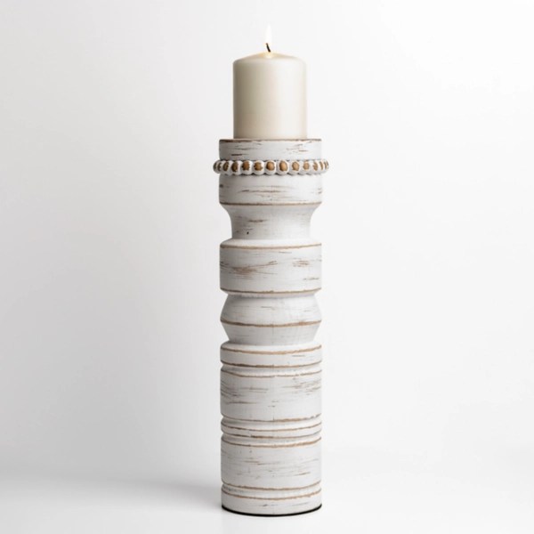 White Beaded Wood Pillar Candle Holder, 14 in. Kirklands Home