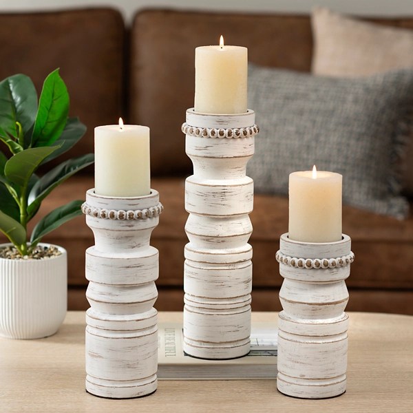 White Beaded Wood Pillar Candle Holder, 14 in. Kirklands Home
