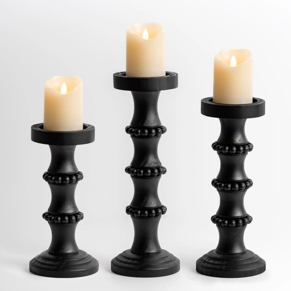 Black Wood Beaded Column Candle Holders, Set of 3 Kirklands Home