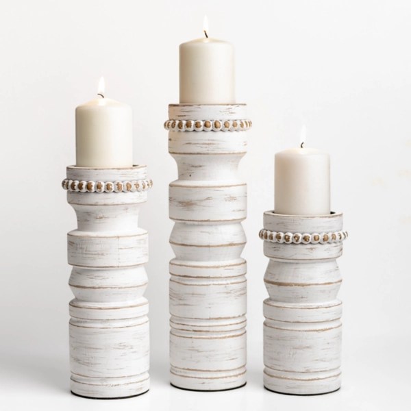 White Beaded Wood Pillar Candle Holders, Set of 3 Kirklands Home