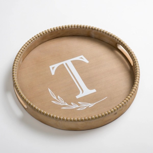 Round Monogram T Beaded Wood Tray Kirklands Home