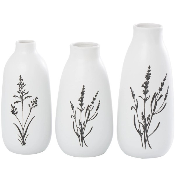 White Ceramic Botanical Print Vases, Set of 3 Kirklands Home