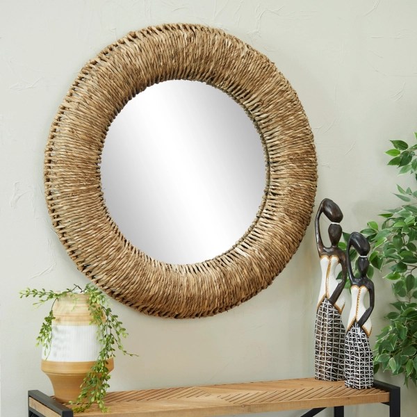 Kirklands Natural Rattan Round Woven Frame Wall Mirror Hamilton Place