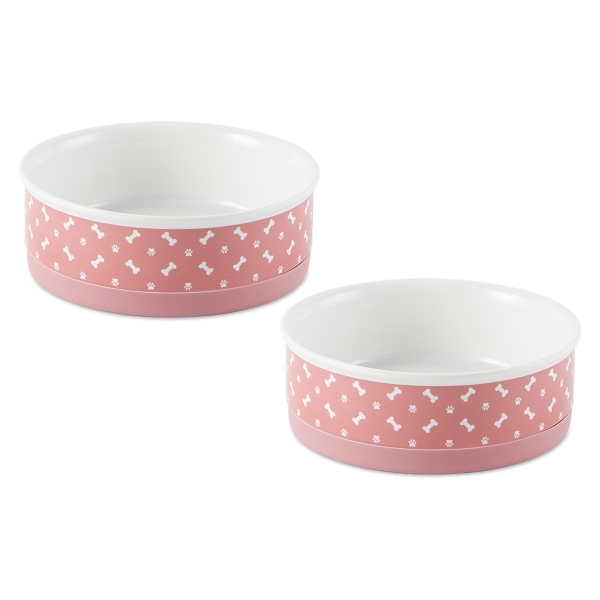 Medium Pink Bone & Paw Ceramic Pet Bowls, Set of 2 Kirklands Home