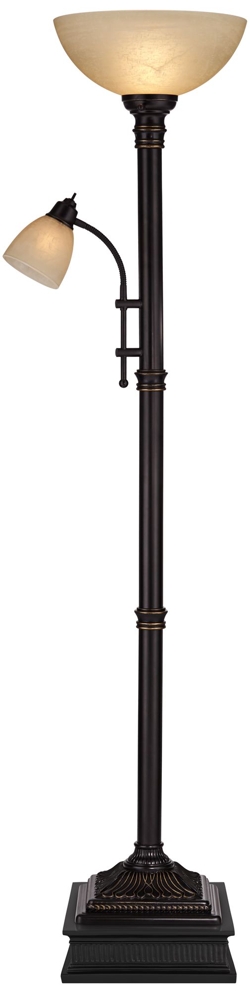 Garver Bronze Torchiere Floor Lamp with Reader Arm with Black Riser