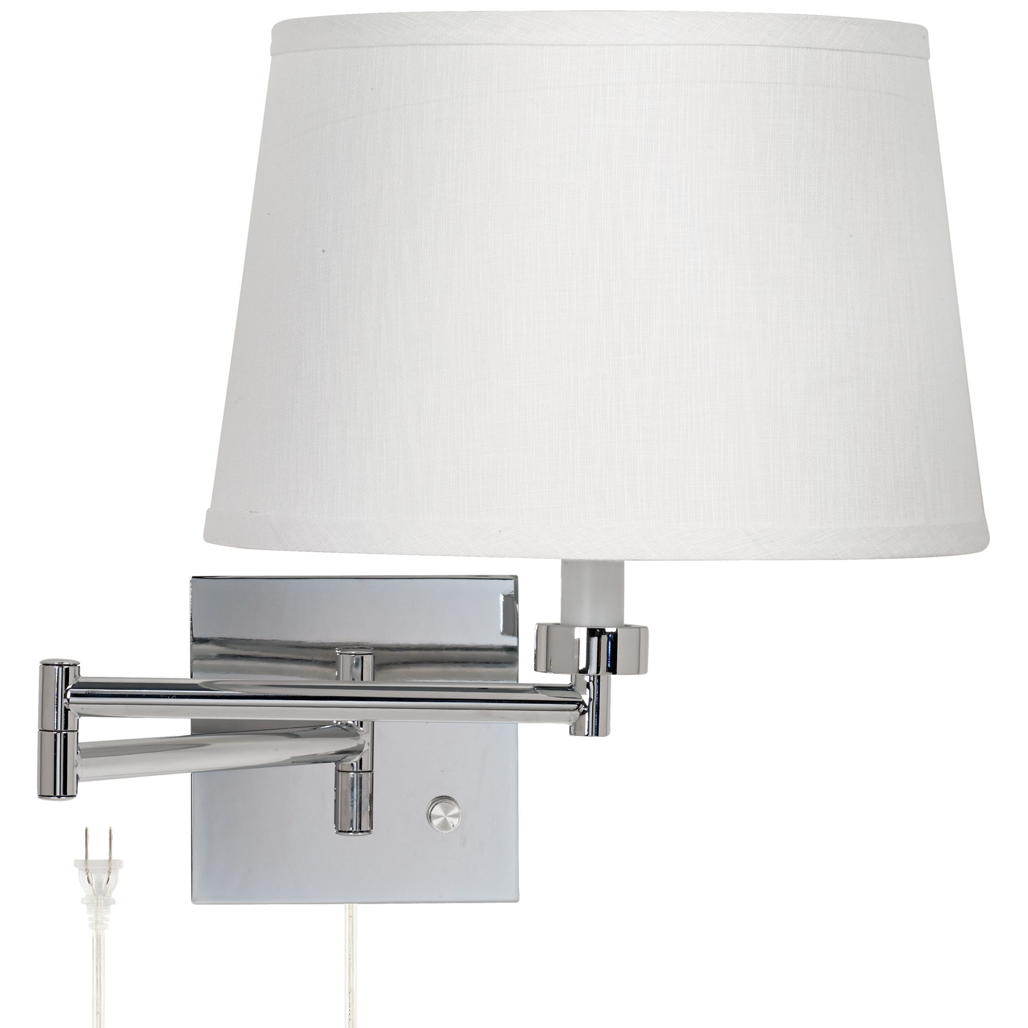 White Linen Drum Shade Chrome PlugIn Swing Arm Wall Lamp