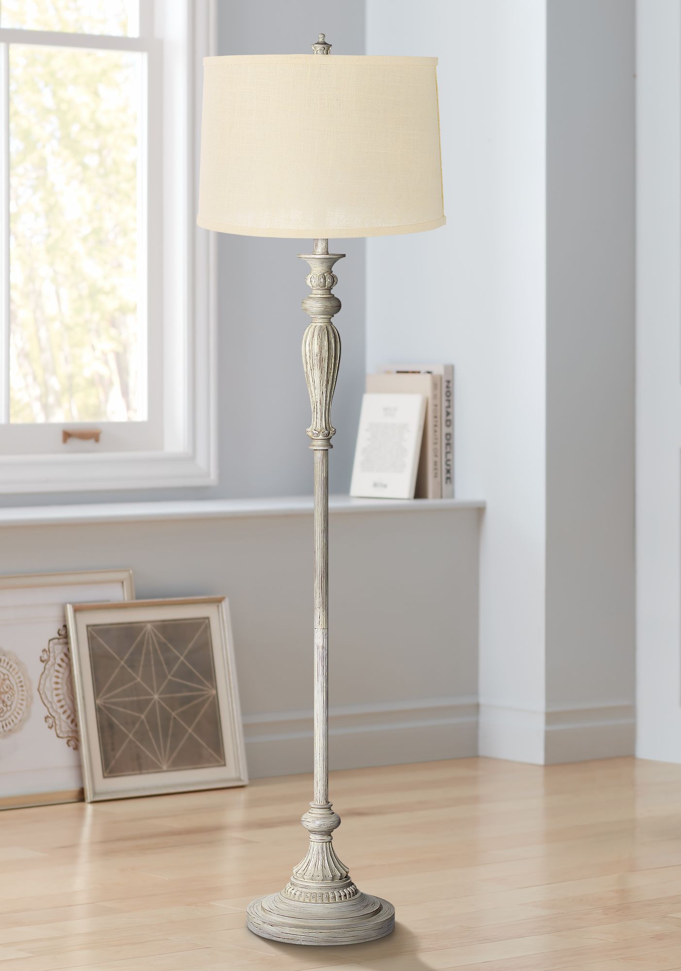 Shabby Chic Floor Lamp Antique White Cream Burlap for Living Room
