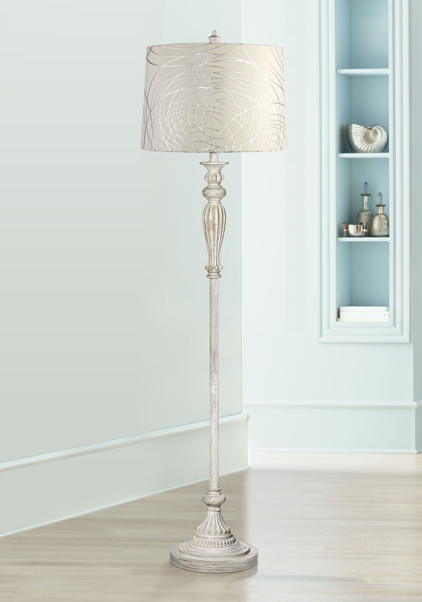 Shabby Chic Floor Lamp Antique White Off White Silver Drum for Living