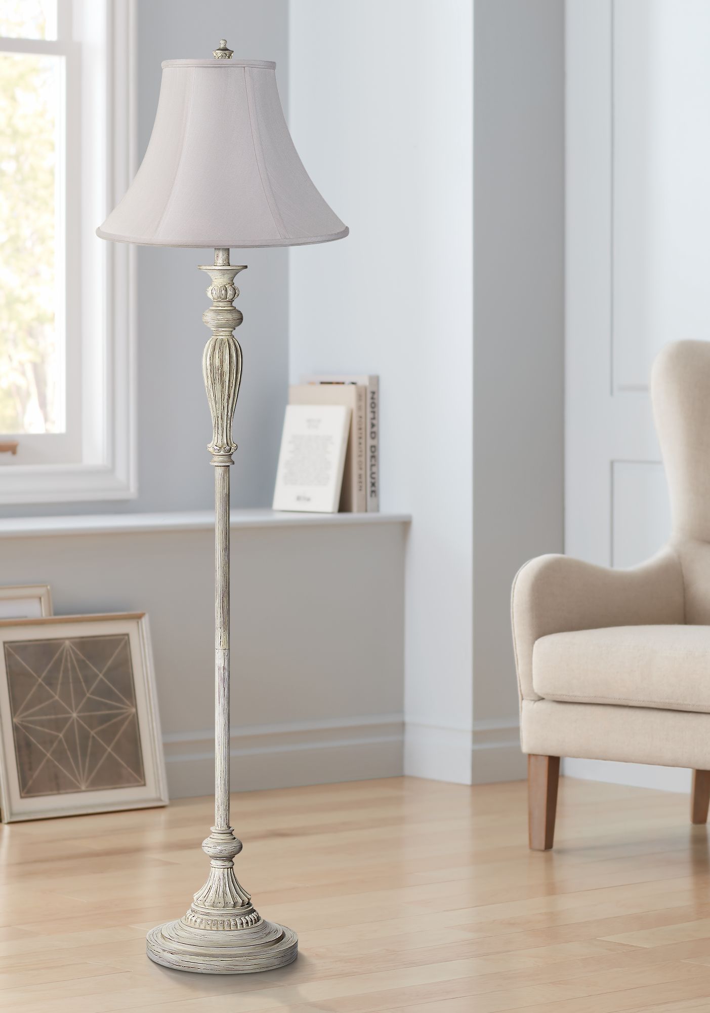 Shabby Chic Floor Lamp Antique White Fabric Bell for Living Room