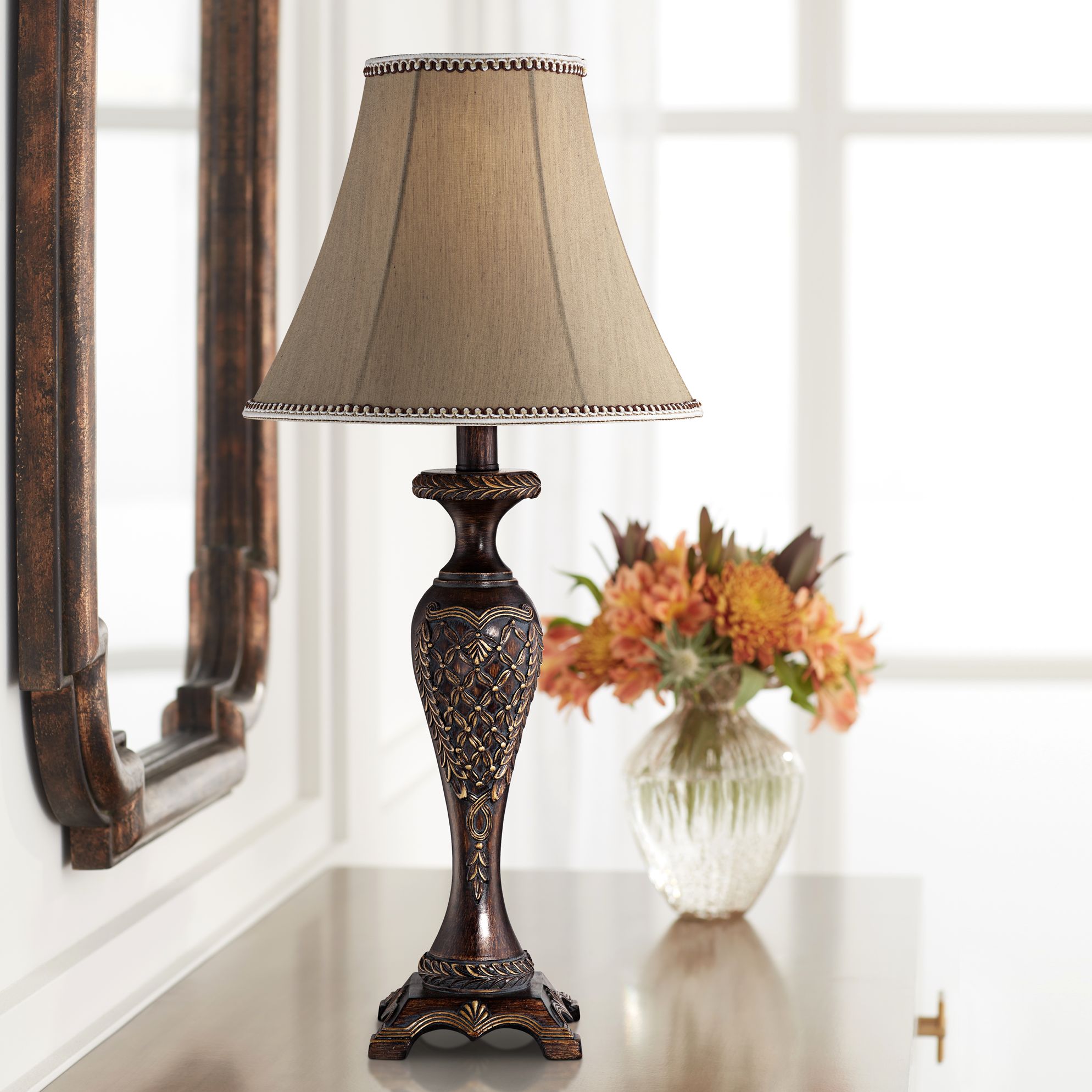 Traditional Table Lamp Dark Bronze Floral Detail for