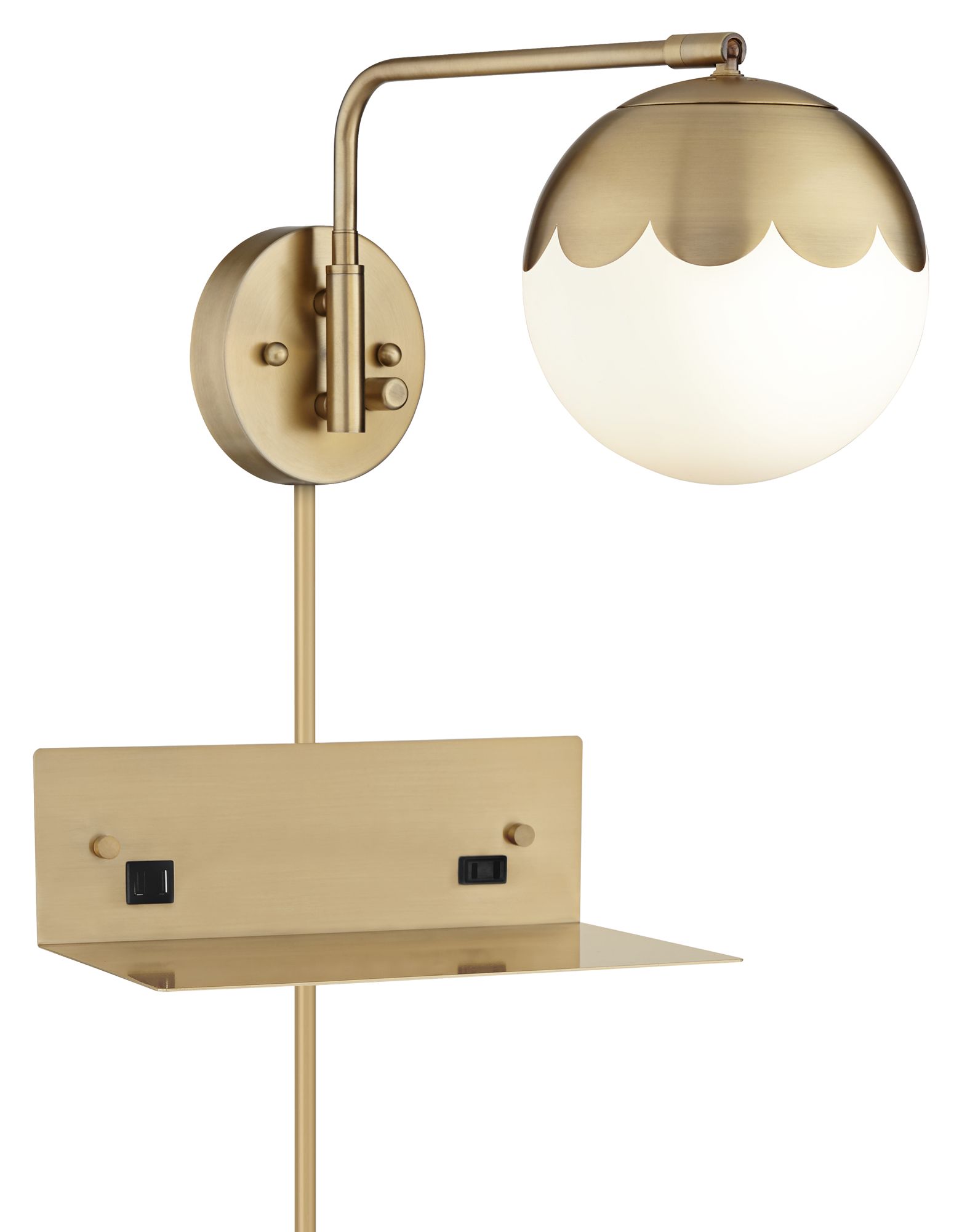 Kelowna Brass and Glass Swing Arm PlugIn Wall Lamp with USBOutlet Shelf 240T1 Lamps Plus
