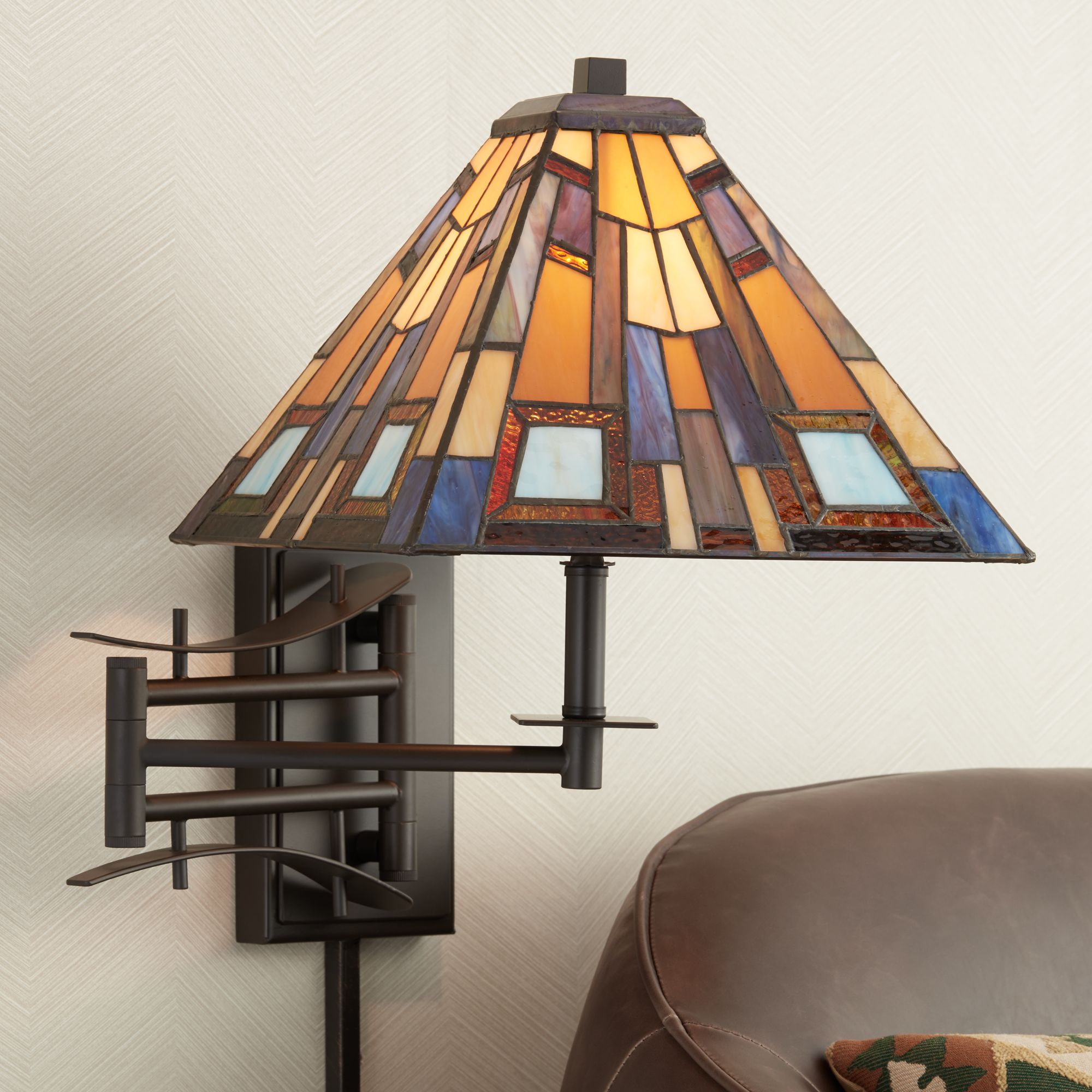 Tiffany Style Swing Arm Wall Lamp PlugIn Jewel Tone Stained Glass for