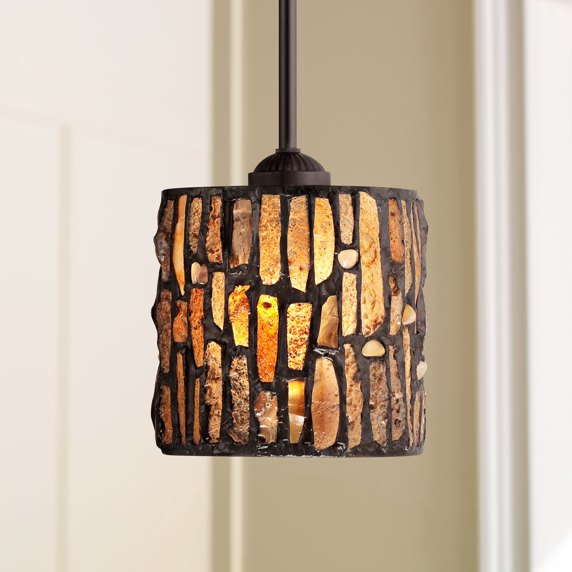 Bronze Mini Pendant Light 7" Rustic Tiffany Style Art Glass Fixture for