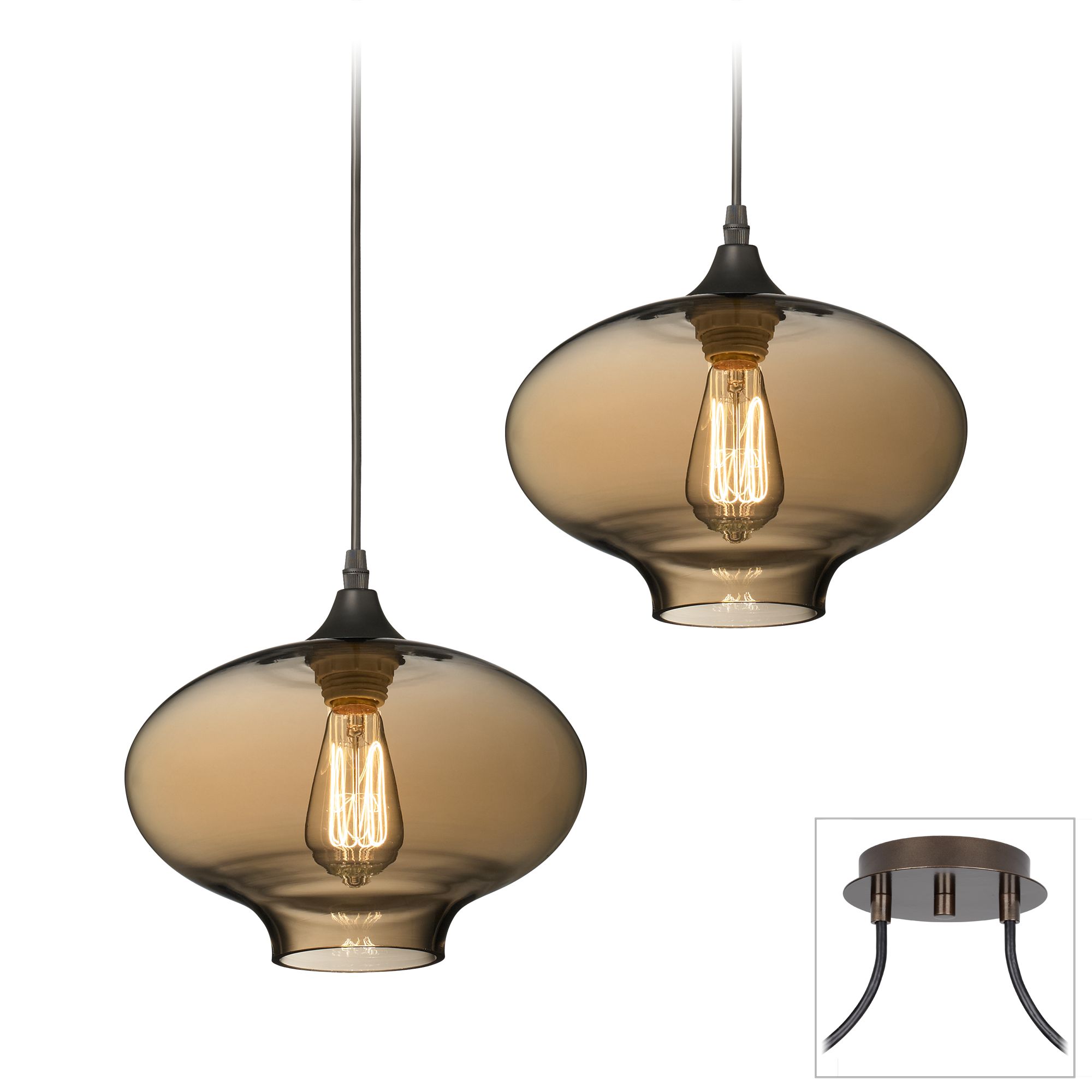 Black Mini Swag Pendant Chandelier Modern Amber Glass 2Light Fixture