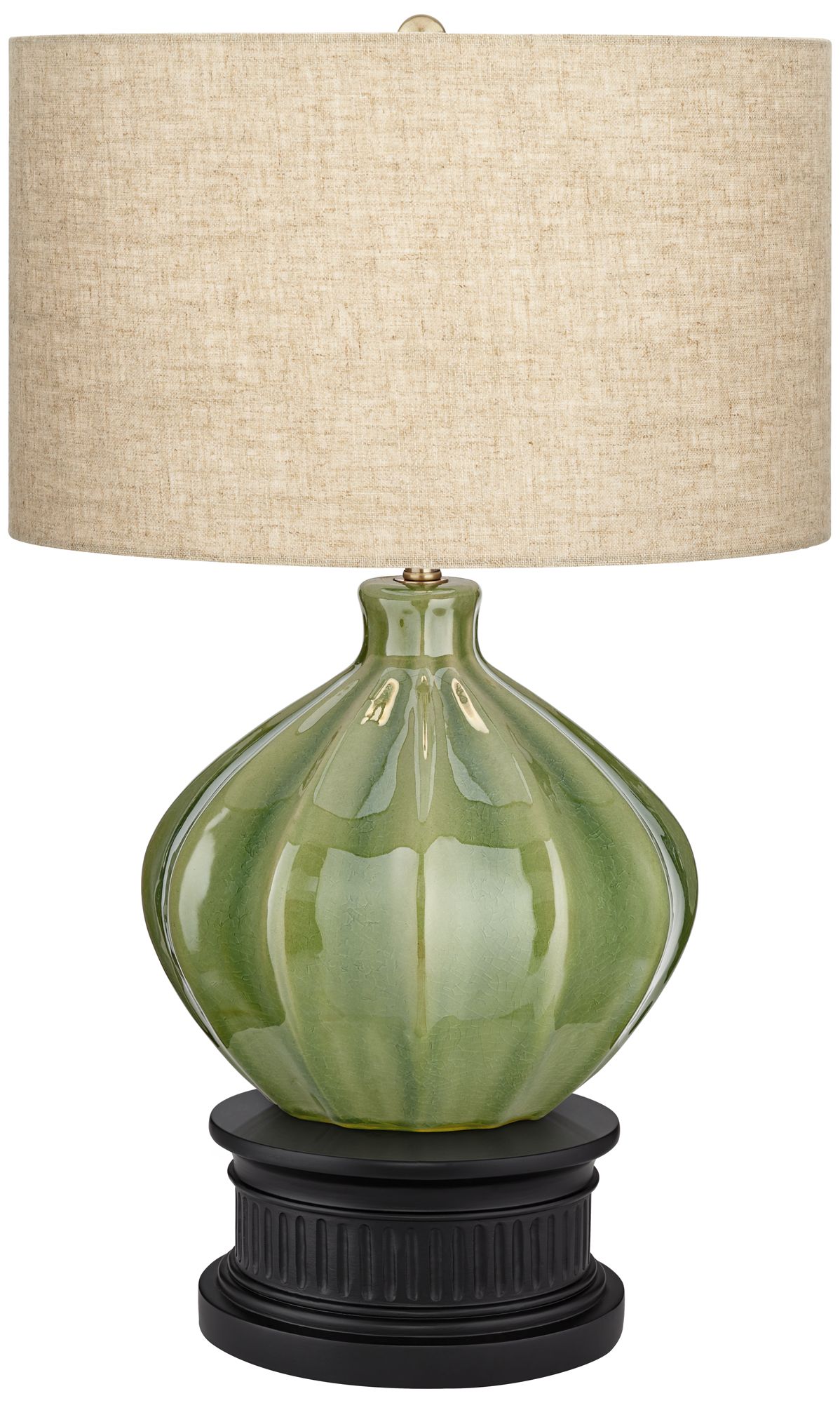 Gordy Green Ribbed Ceramic Table Lamp With Black Round Riser 391N0