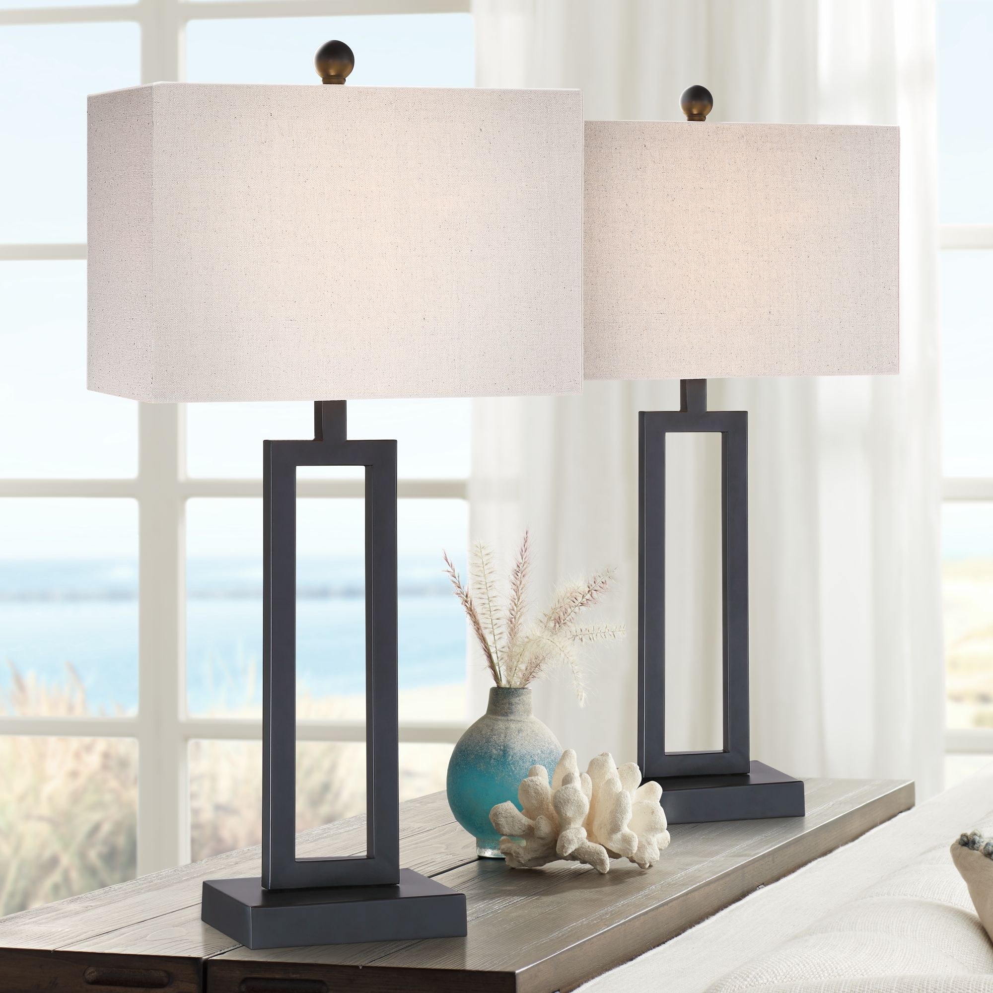 Modern Table Lamps Set of 2 Open Rectangular Black Base