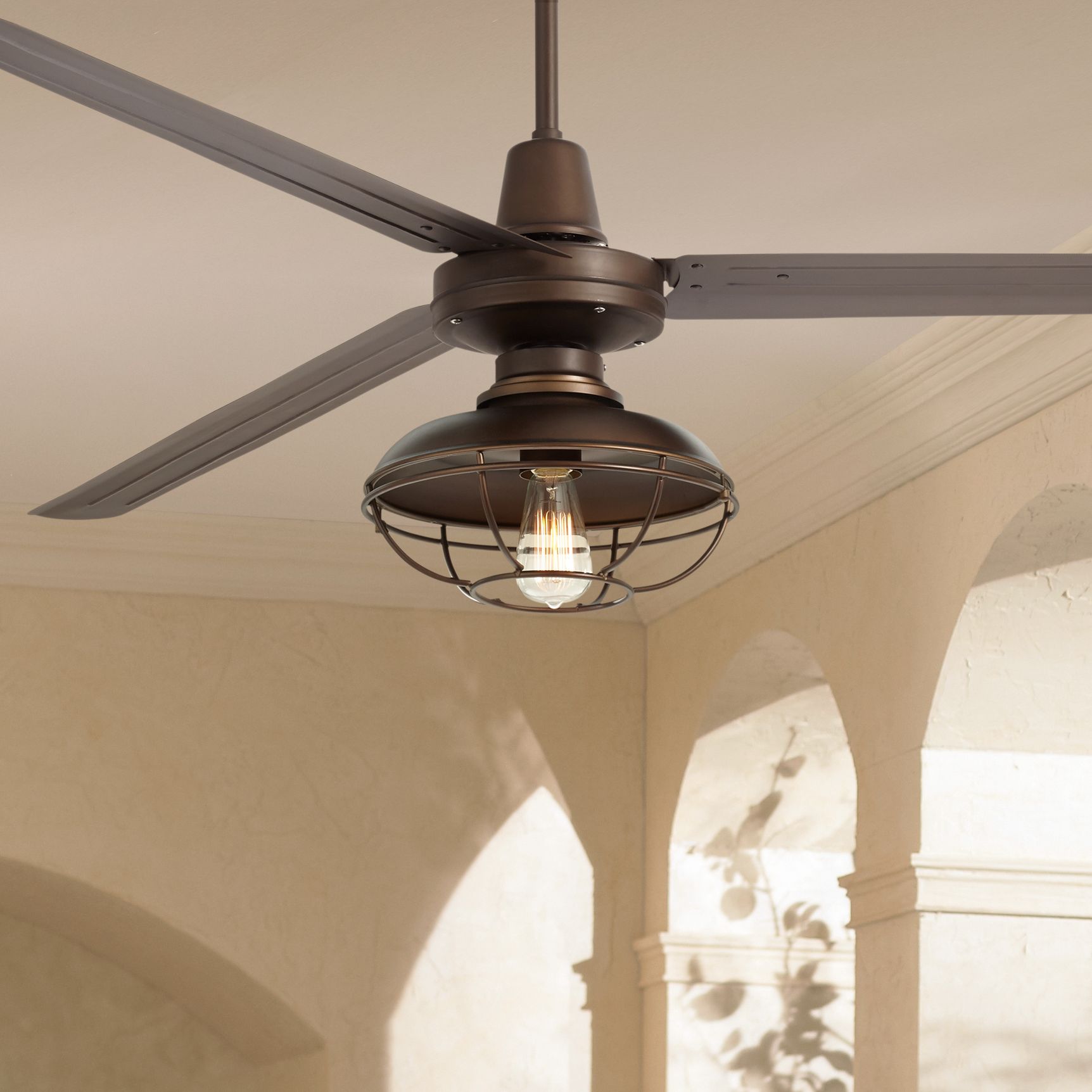 72" Industrial Outdoor Ceiling Fan with Light LED Remote Bronze Damp