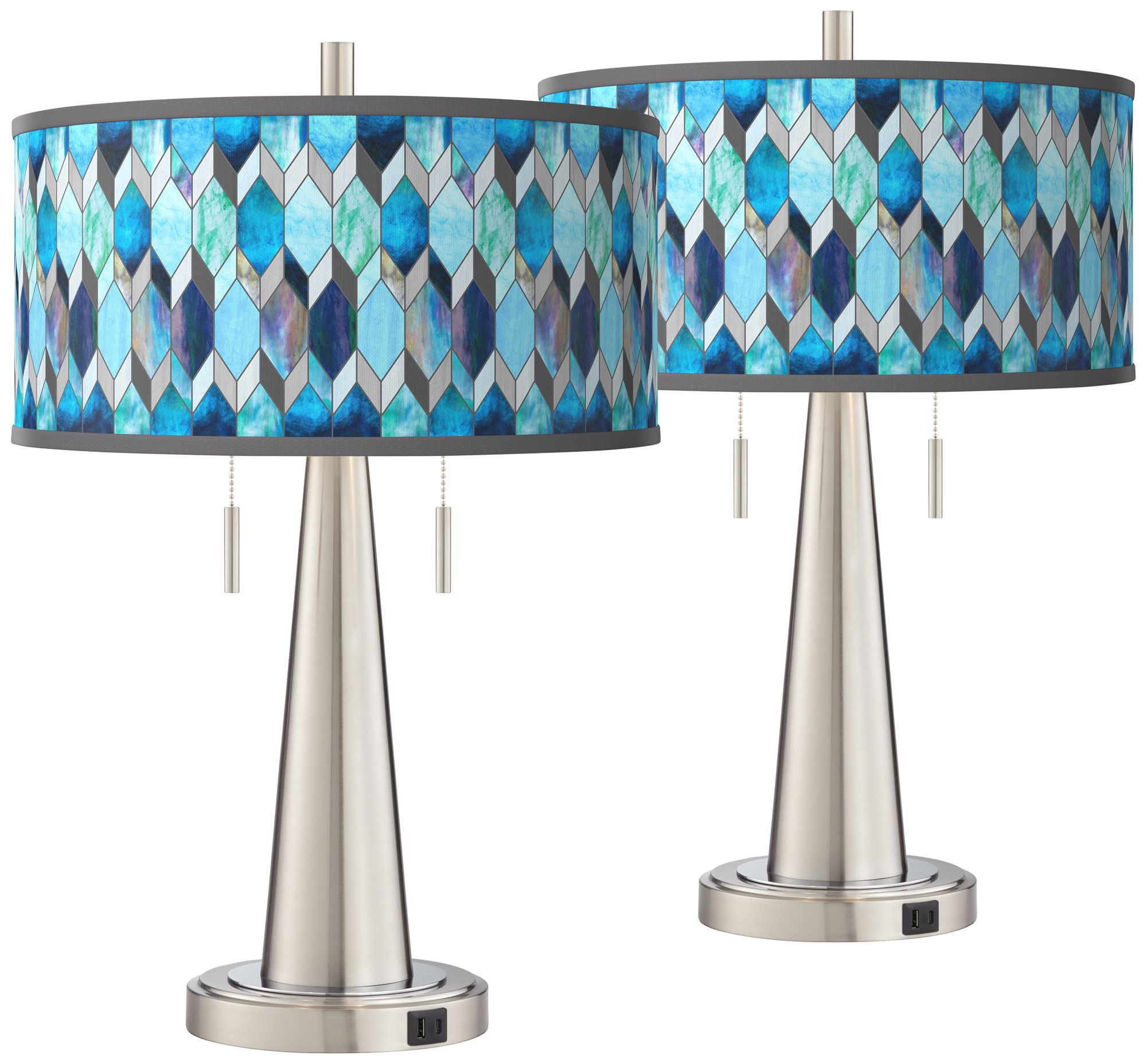 Blue TiffanyStyle Vicki Brushed Nickel USB Table Lamps Set of 2