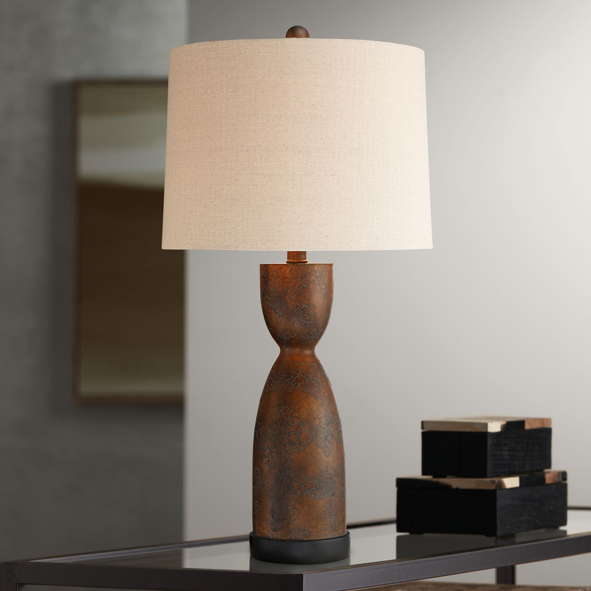 Rustic Farmhouse Table Lamp Crackle Brown Oatmeal Shade for Living Room