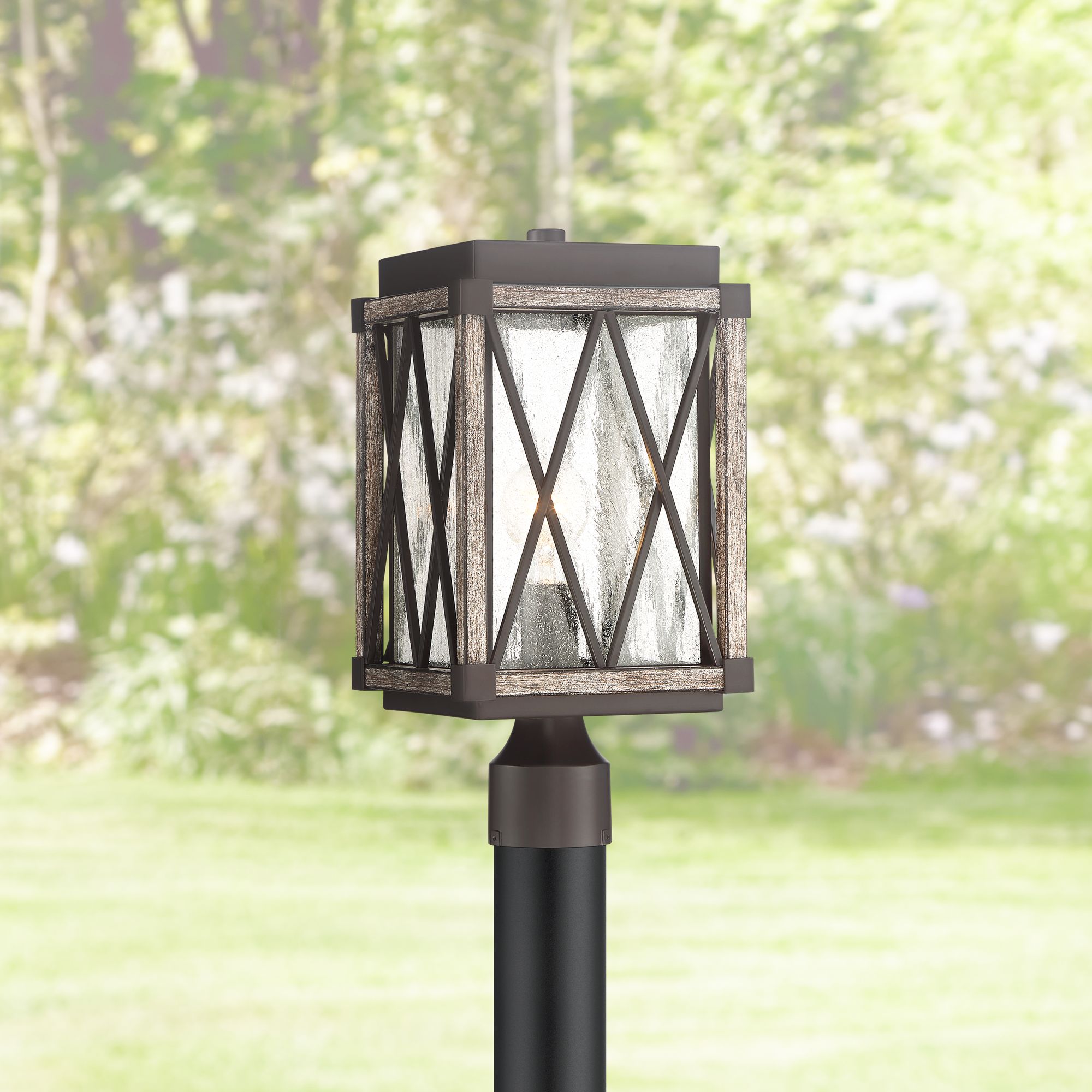 Rustic Outdoor Post Light Fixture Bronze Wood 16" Lantern Garden Yard