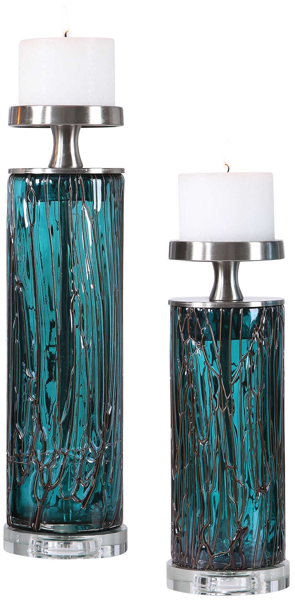 Almanzora Teal Blue Glass Modern Candle Holders Set of 2 72J48