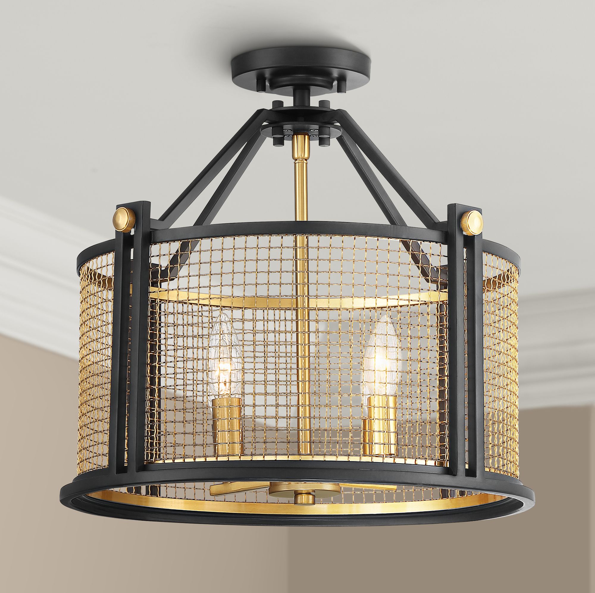 Modern Ceiling Light Semi Flush Mount Fixture Black Gold 16 1/2" Mesh