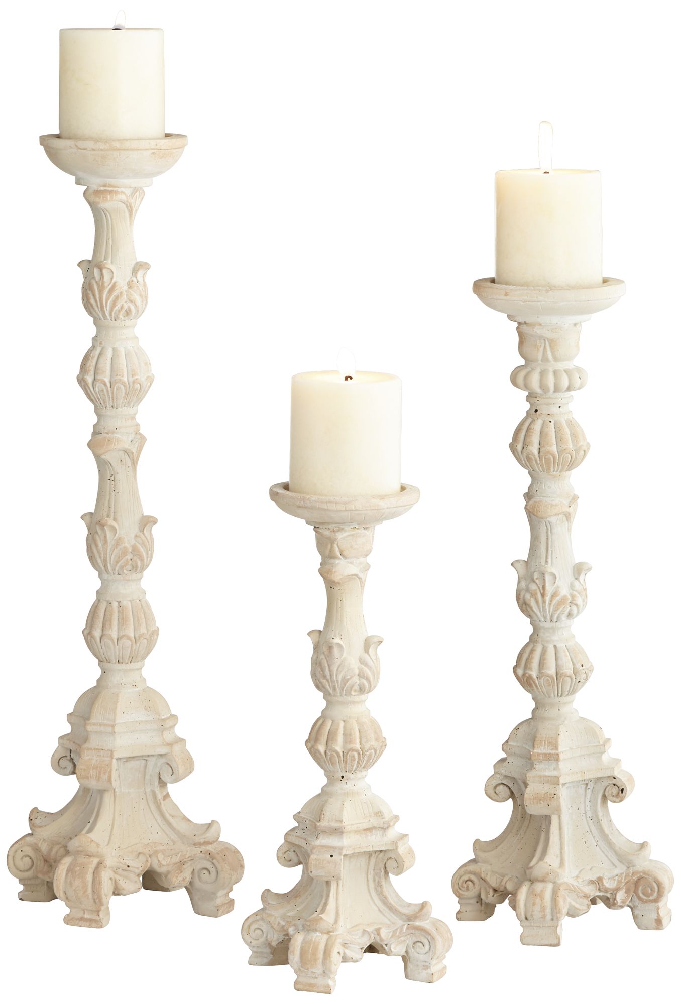Whitewashed Carved Pillar Candle Holders Set of 3 76Y80 Lamps Plus