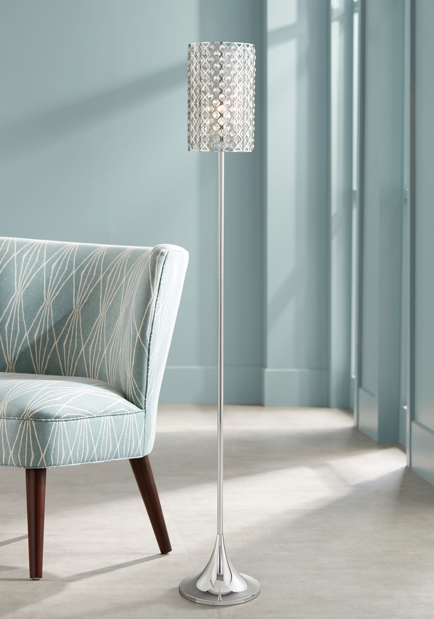 Modern Floor Lamp Polished Chrome Clear Crystal Glass Insets for Living