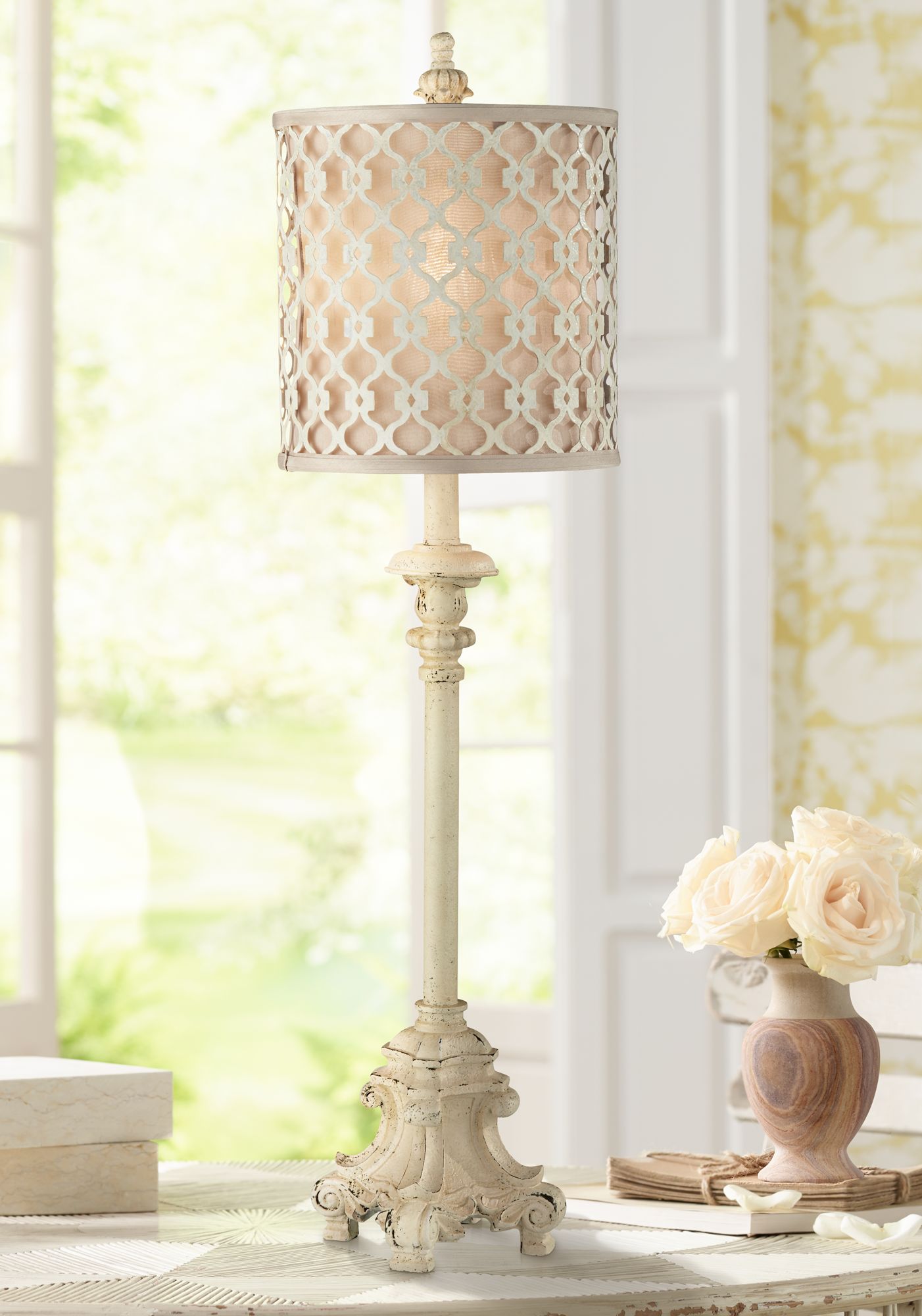 French Country Candlestick Buffet Table Lamp Vintage Ivory Lattice