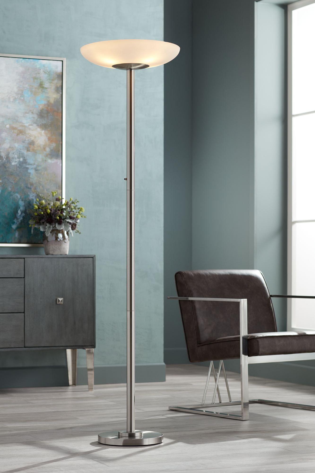 Modern Torchiere Floor Lamp Brushed Nickel Frosted Glass