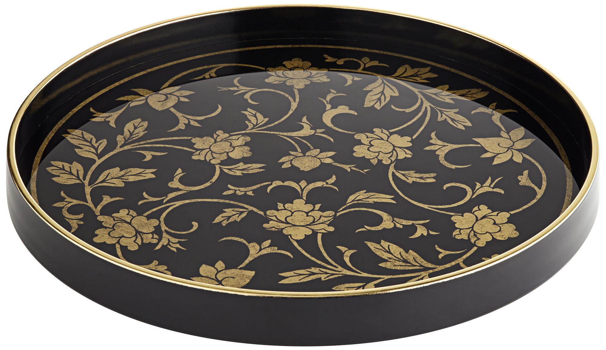 Floral Painted Black and Gold Round Decorative Tray 92G09 Lamps Plus