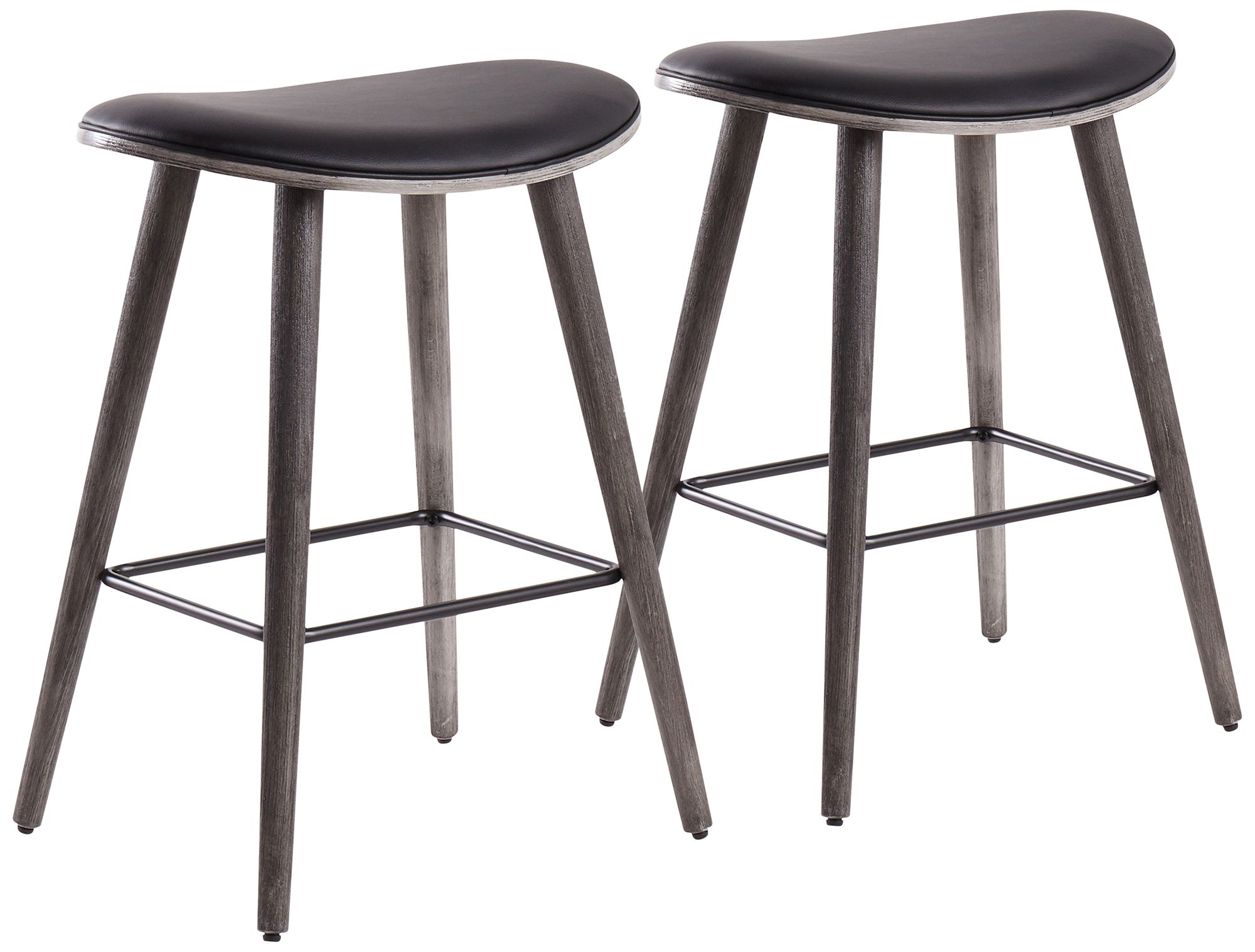 Saddle 25" Black Faux Leather Wood Counter Stools Set of 2 946T0