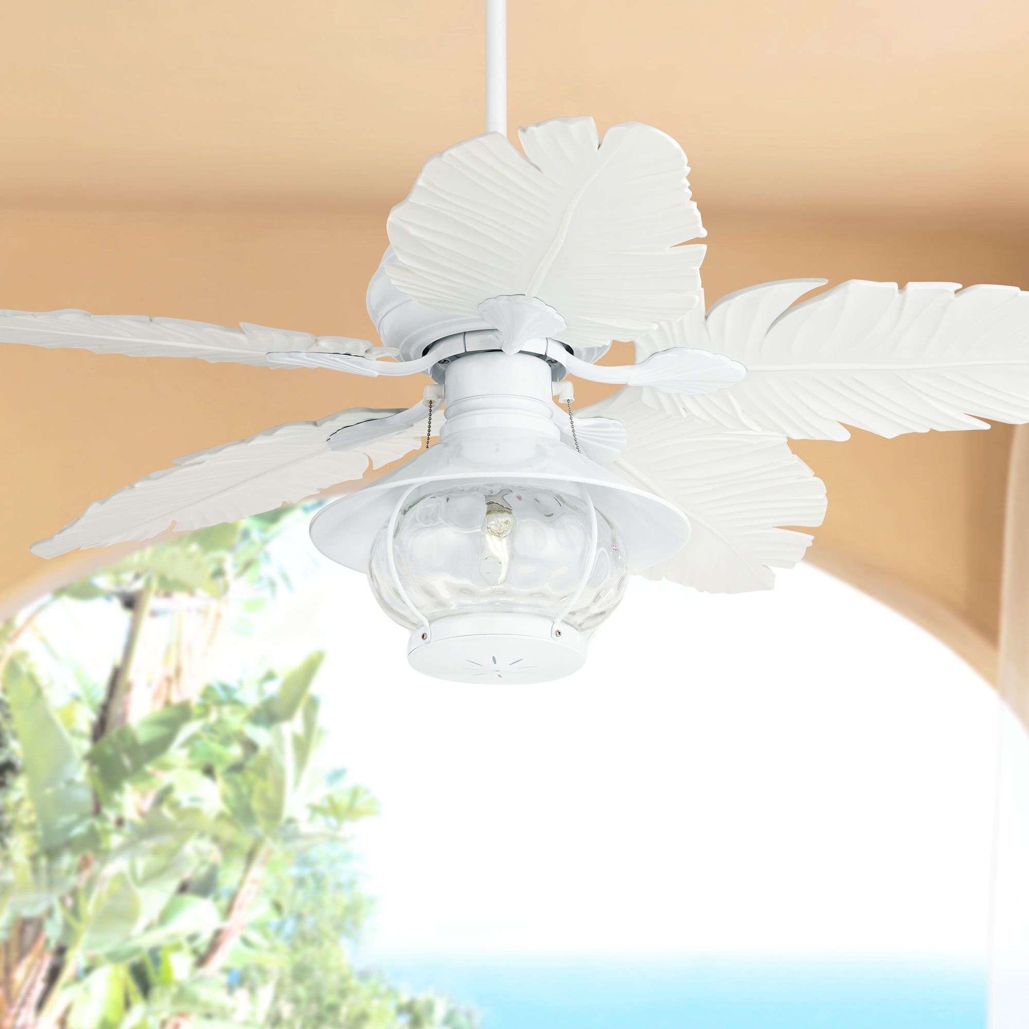52" Tropical Outdoor Ceiling Fan with Light LED White Palm Leaf Wet