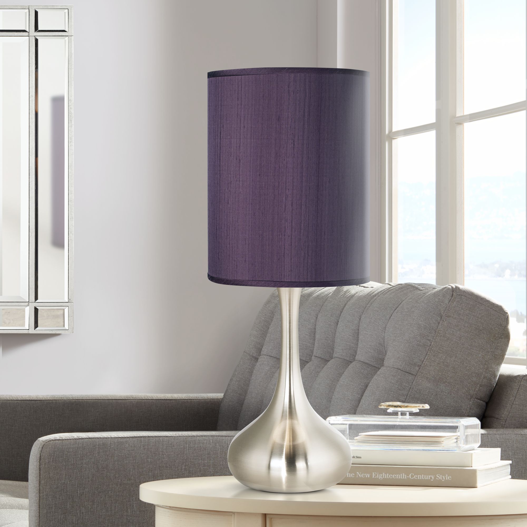 Modern Accent Table Lamp Steel Droplet Eggplant Faux Silk