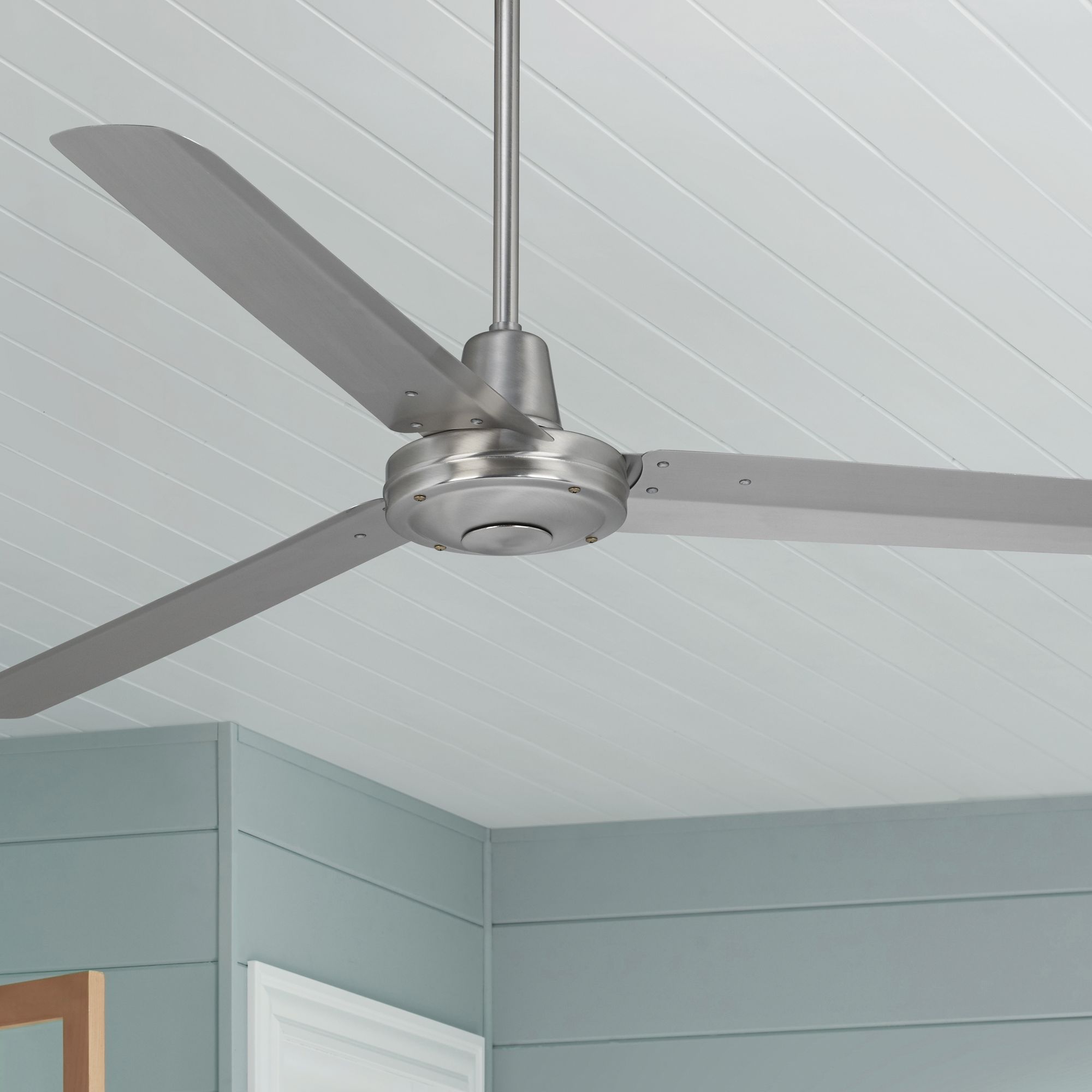 60" Industrial Steel Ceiling Fan with Remote Brushed Steel Damp Rated