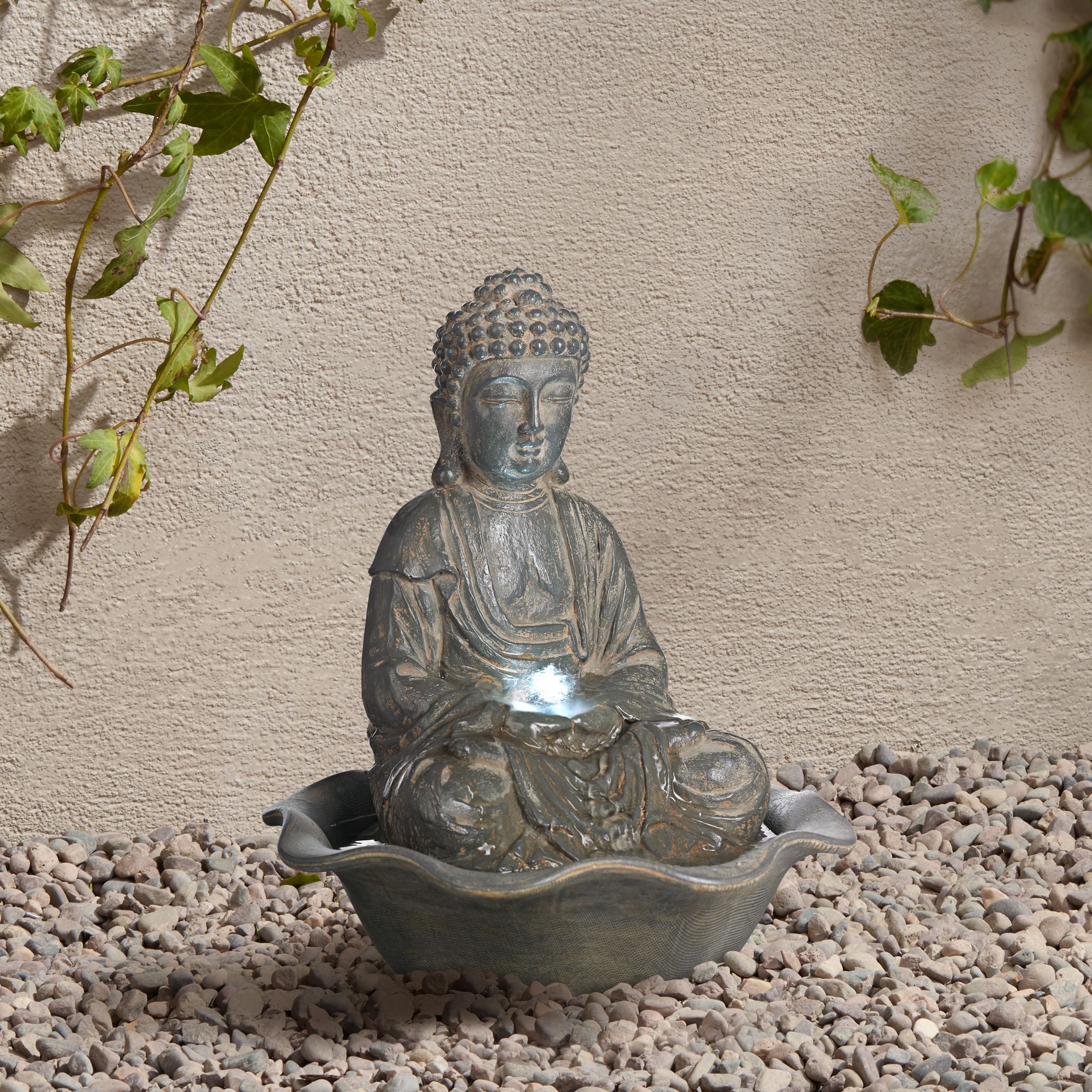 Zen Buddha Outdoor Water Fountain with Light LED 12" Sitting Table Yard