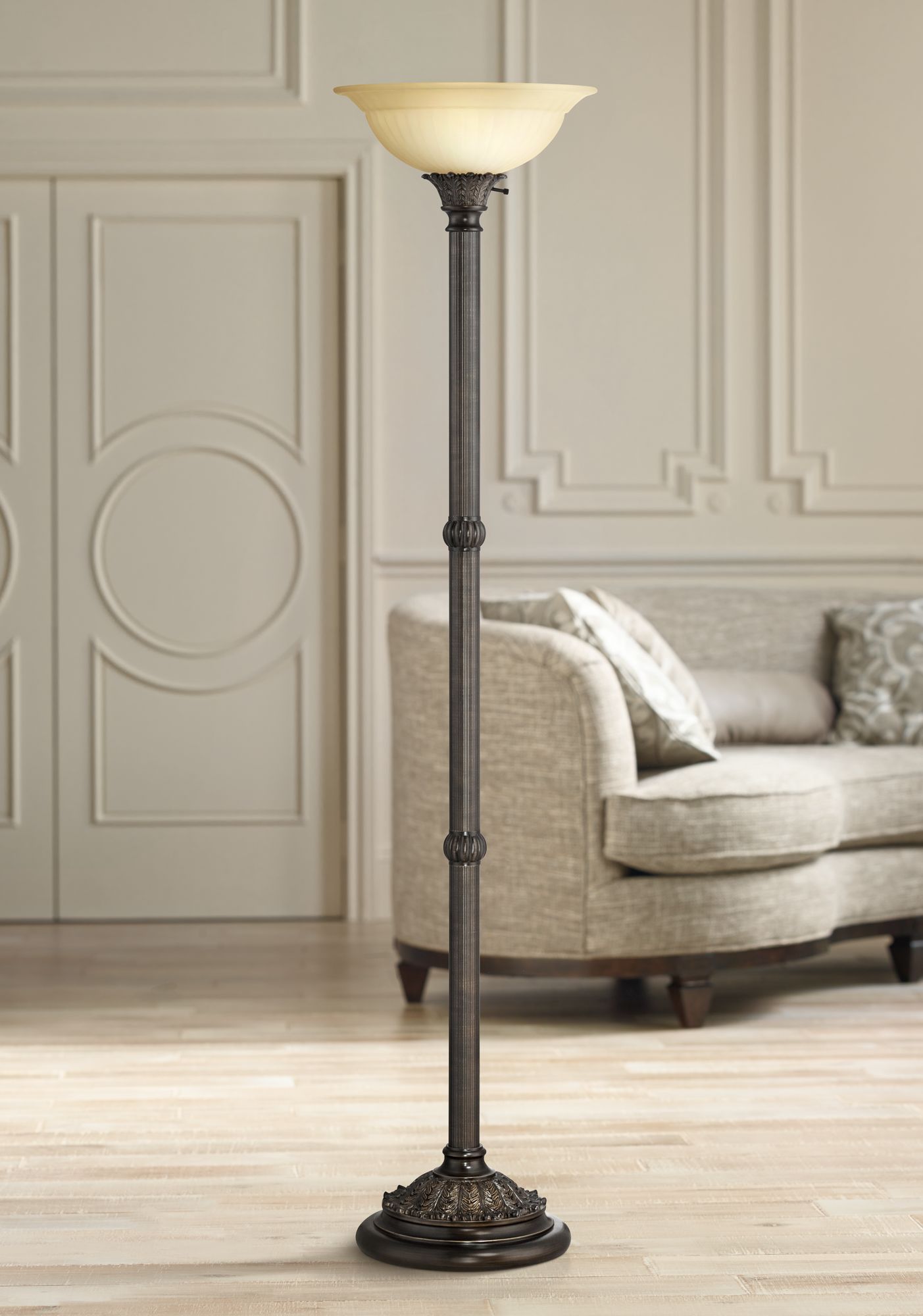 Traditional Torchiere Floor Lamp Bronze Amber Glass for Living Room