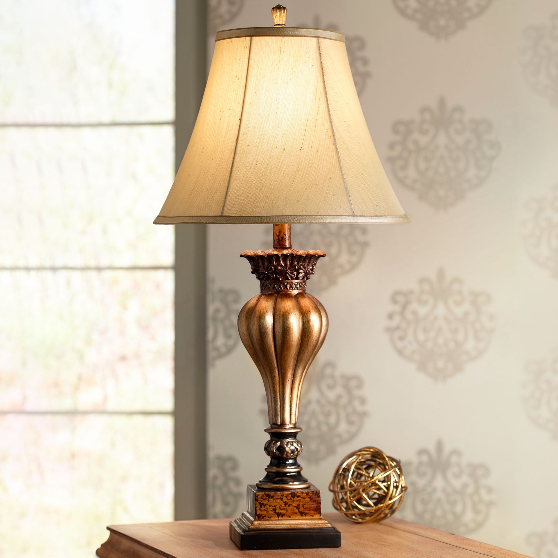 Traditional Table Lamp Vase Silhouette Gold Tan Bell Shade