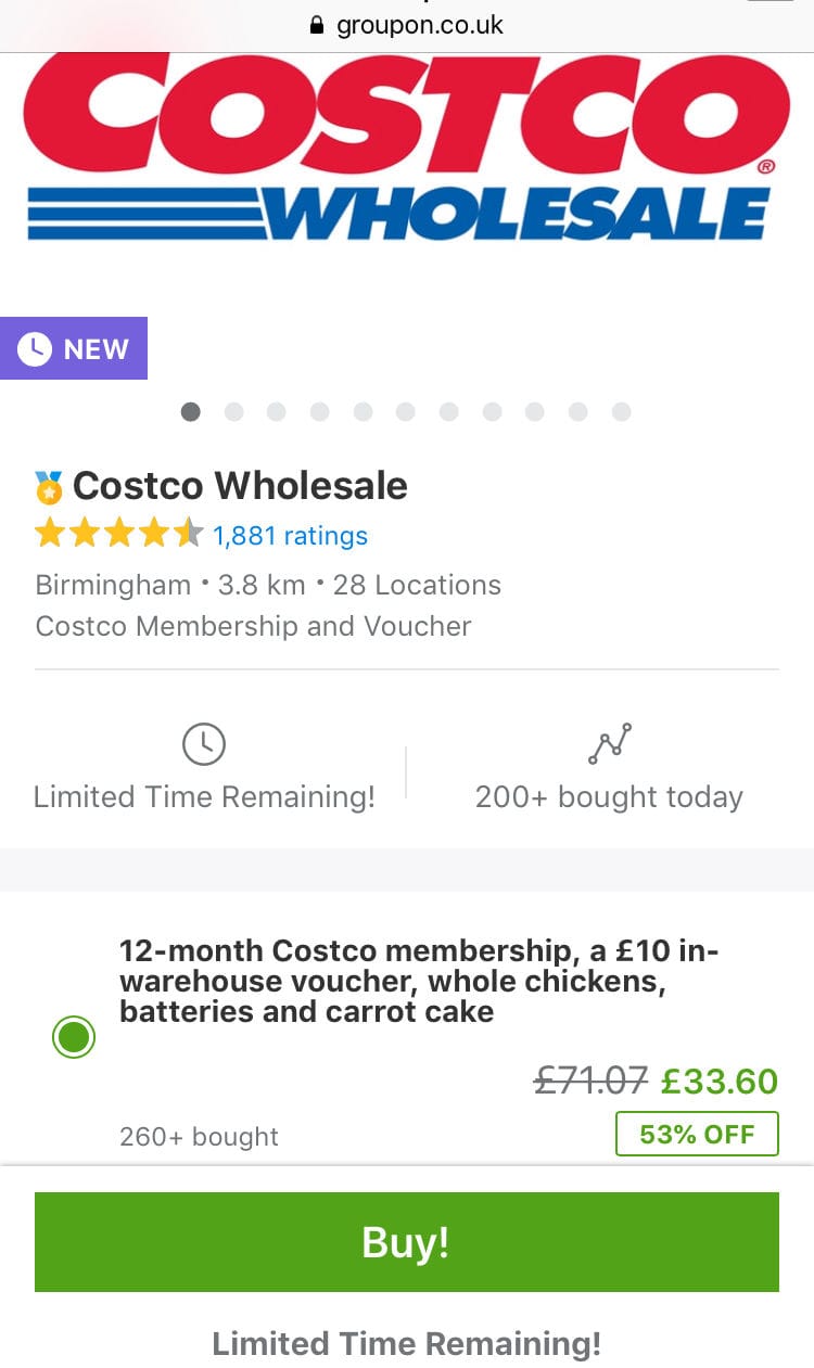 Costco Membership with some Free Extras, £33.60 at Groupon