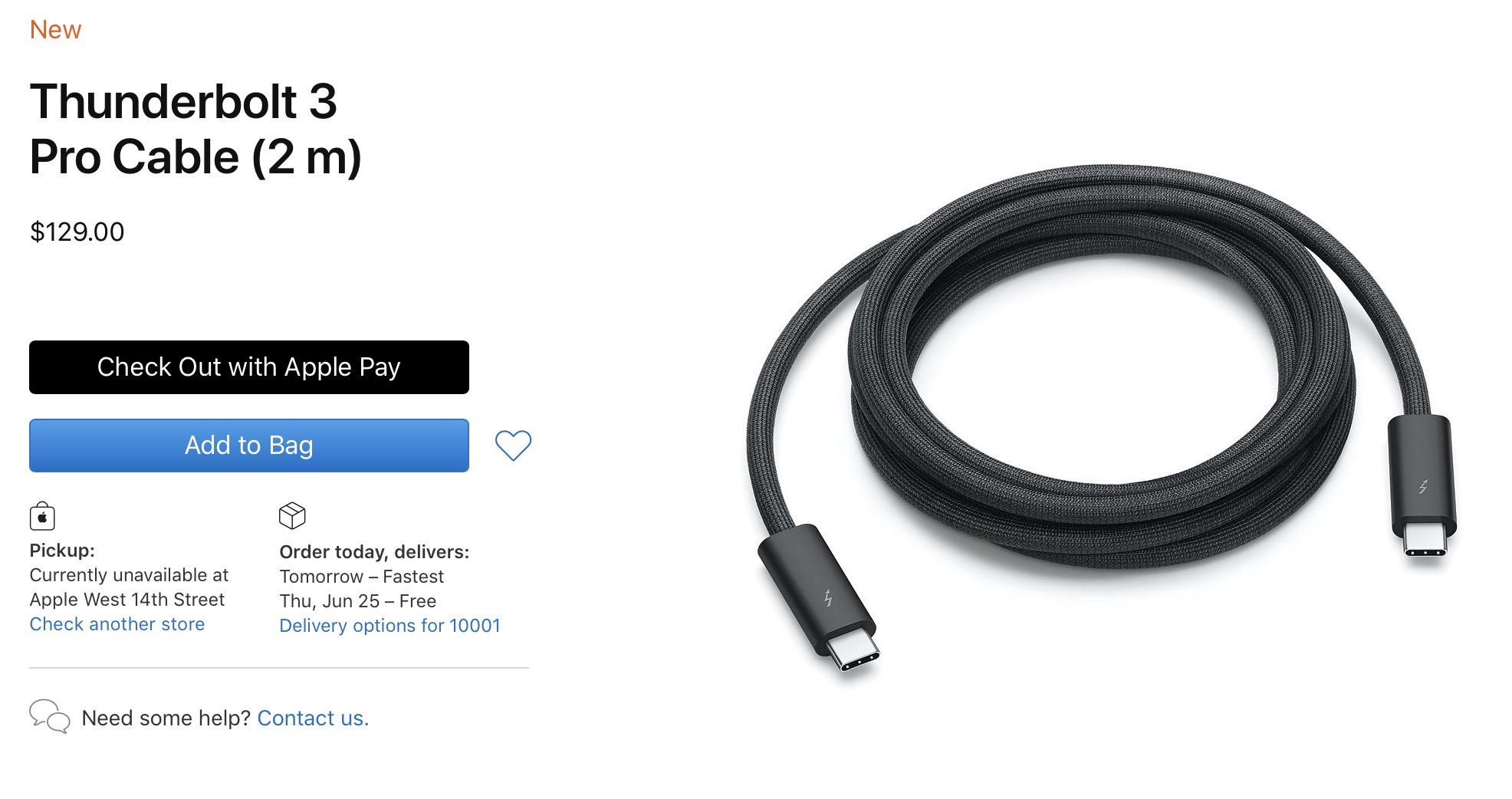 Apple Begins Selling Standalone 2Meter Thunderbolt 3 Pro Cable for