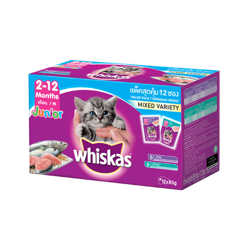 WHISKAS Cat Food Pouch Kitten Mix Variety Tuna & Mackerel 85 g x 12
