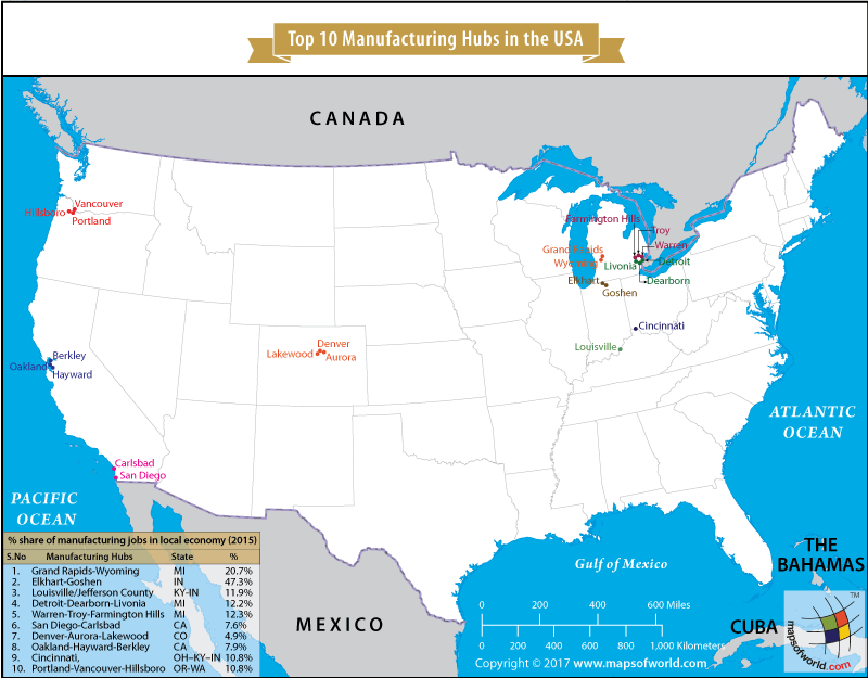 What are the top 10 manufacturing hubs in USA? Answers