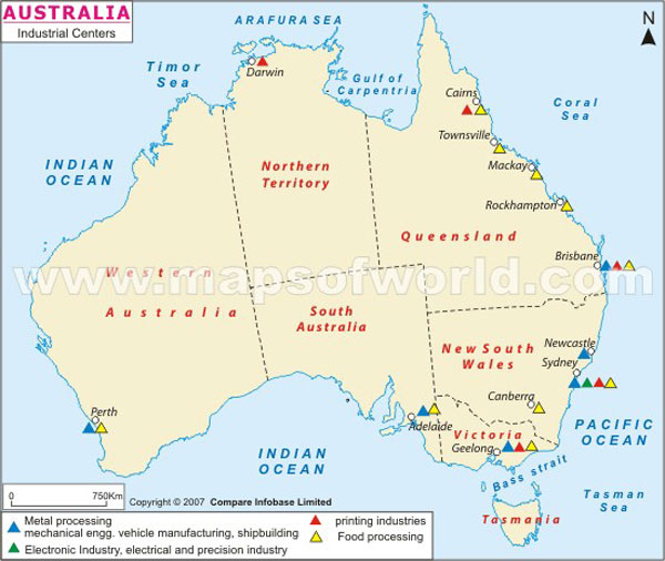 Map of Industrial Centers in Australia, Australia Industrial Centers Map