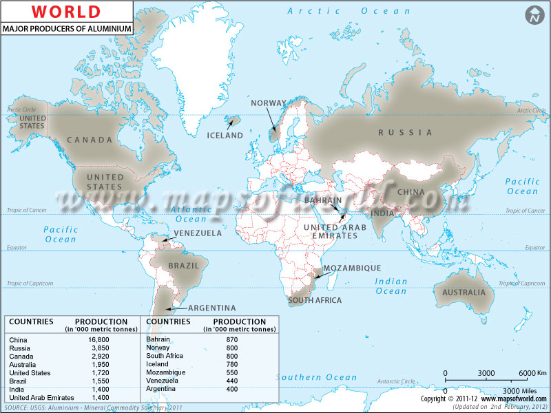 Where is Aluminum Found World Aluminum Producing Countries Map