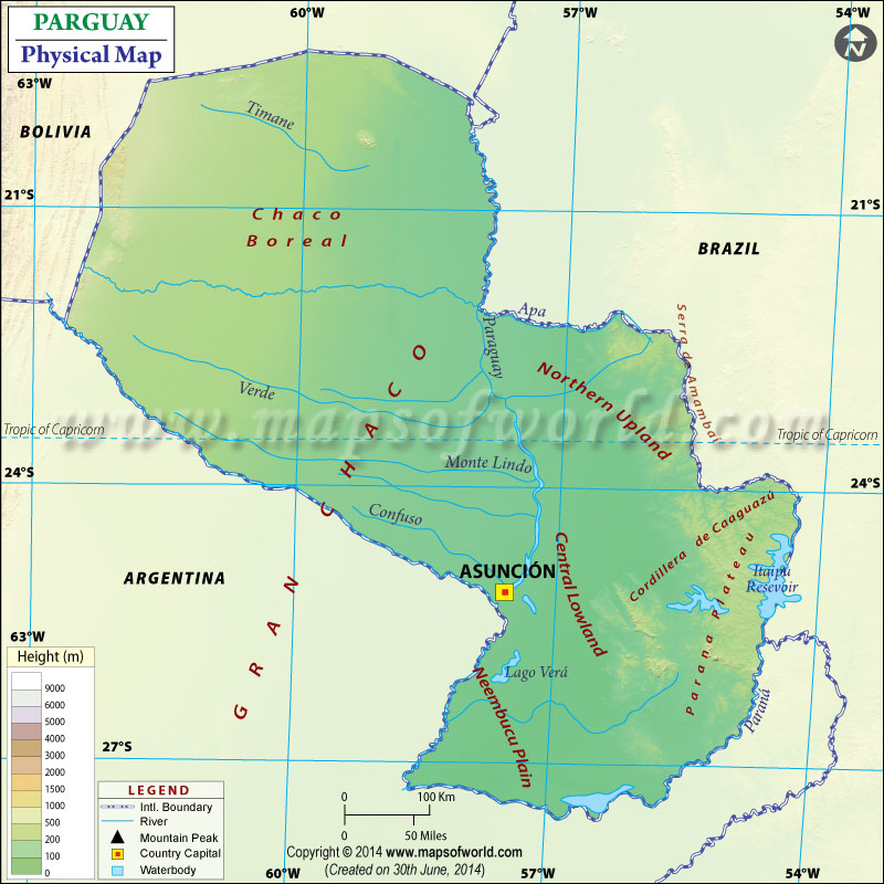 Physical Map of Paraguay