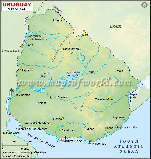Uruguay Physical Map, Physical Map of Uruguay