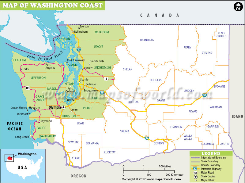Washington Coast Map, Map of Washington Coast