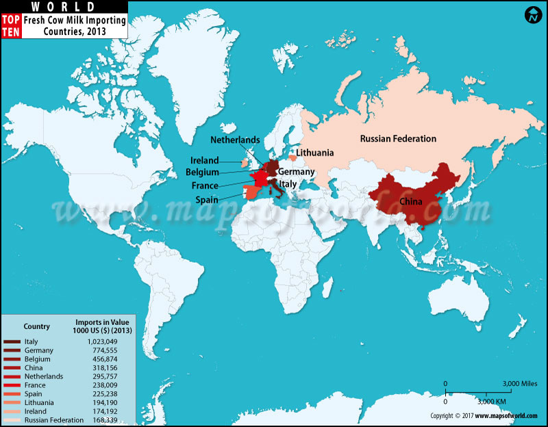Top 10 Cow Milk Importing Countries in the World Map
