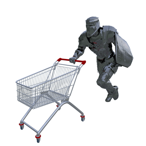 Knight running with shopping cart