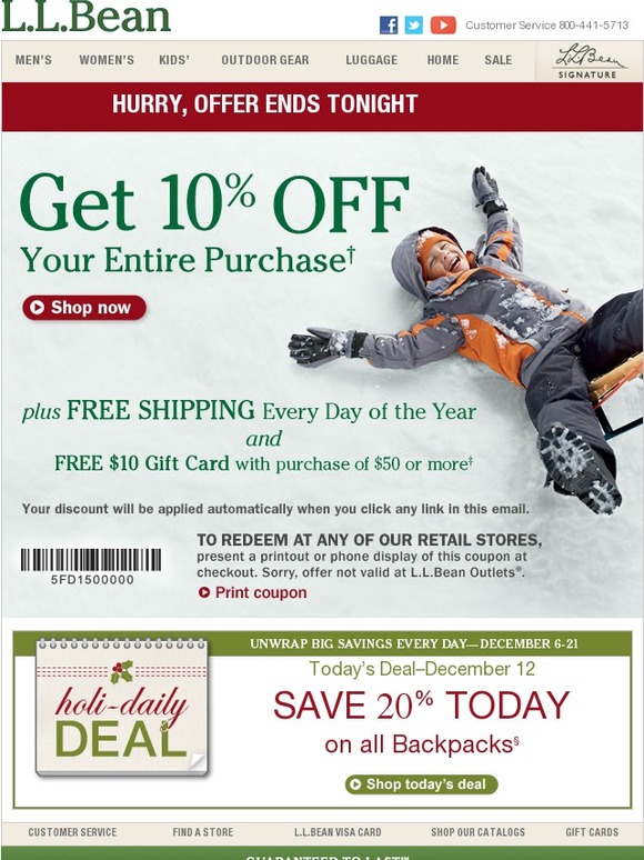 L.L.Bean 10 Off Your Order ENDS TONIGHT, plus Free Gift Card + Free